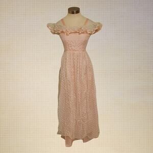 80s 90s Cottagecore Glenrob Off Shoulder Polka Dot Lace Dress Size 9 10 Pleated